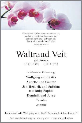 Anzeige von Waltraud Veit von Mindener Tageblatt