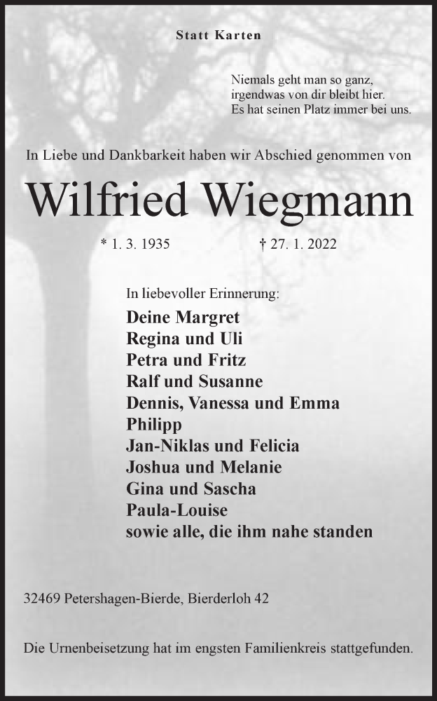  Traueranzeige für Wilfried Wiegmann vom 12.02.2022 aus Mindener Tageblatt
