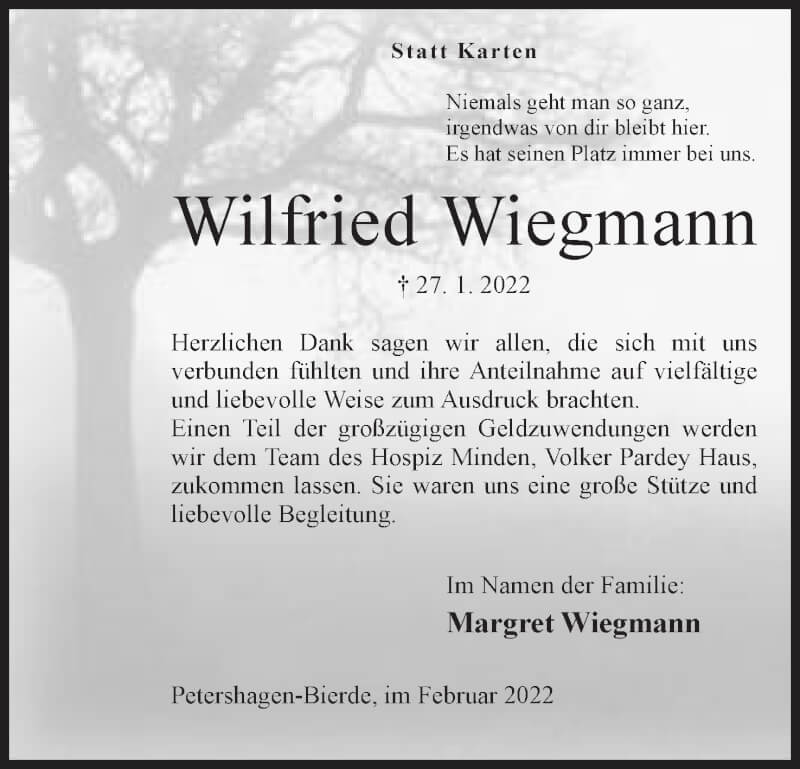  Traueranzeige für Wilfried Wiegmann vom 26.02.2022 aus Mindener Tageblatt