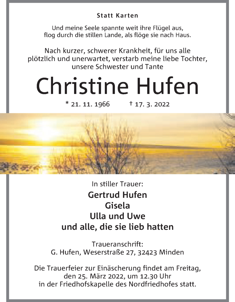  Traueranzeige für Christine Hufen vom 23.03.2022 aus Mindener Tageblatt