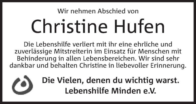  Traueranzeige für Christine Hufen vom 26.03.2022 aus Mindener Tageblatt