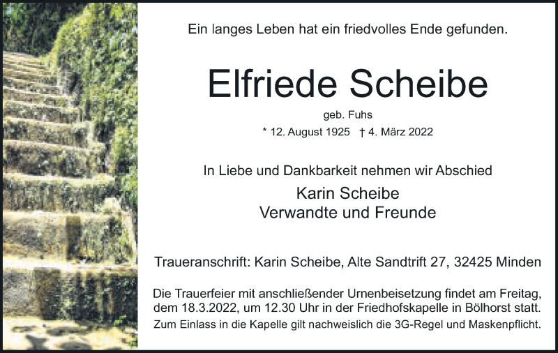  Traueranzeige für Elfriede Scheibe vom 12.03.2022 aus Mindener Tageblatt