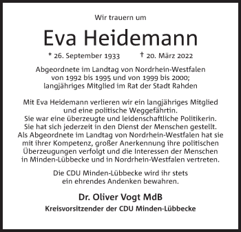 Anzeige von Eva Heidemann von Mindener Tageblatt