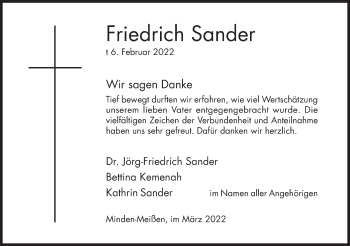 Anzeige von Friedrich Sander von Mindener Tageblatt