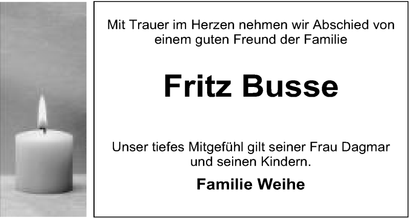  Traueranzeige für Fritz Busse vom 19.03.2022 aus Mindener Tageblatt