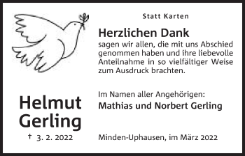 Anzeige von Helmut Gerling von Mindener Tageblatt