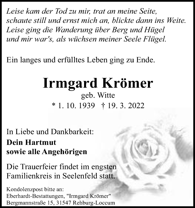  Traueranzeige für Irmgard Krömer vom 26.03.2022 aus Mindener Tageblatt