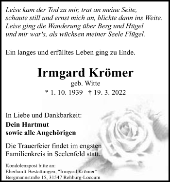 Anzeige von Irmgard Krömer von Mindener Tageblatt