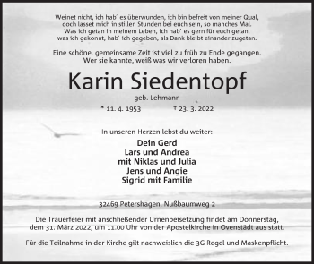 Anzeige von Karin Siedentopf von Mindener Tageblatt