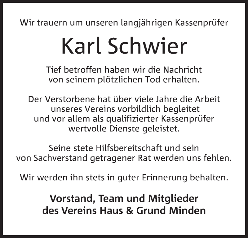  Traueranzeige für Karl Schwier vom 26.03.2022 aus Mindener Tageblatt