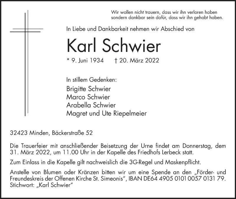  Traueranzeige für Karl Schwier vom 26.03.2022 aus Mindener Tageblatt