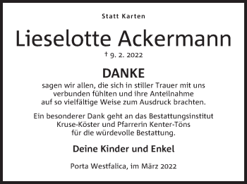 Anzeige von Lieselotte Ackermann von Mindener Tageblatt