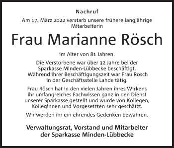 Anzeige von Marianne Rösch von Mindener Tageblatt