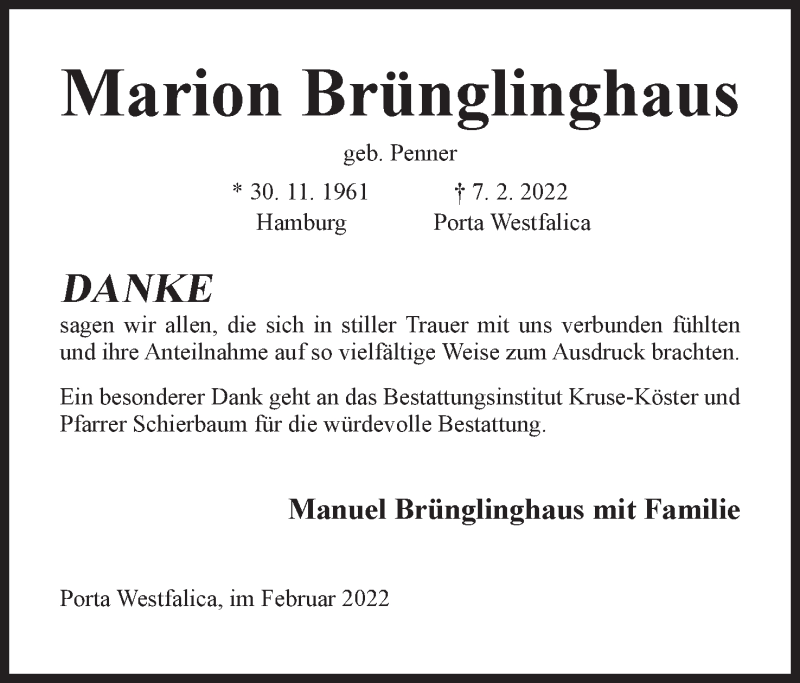  Traueranzeige für Marion Brünglinghaus vom 05.03.2022 aus Mindener Tageblatt
