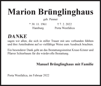 Anzeige von Marion Brünglinghaus von Mindener Tageblatt