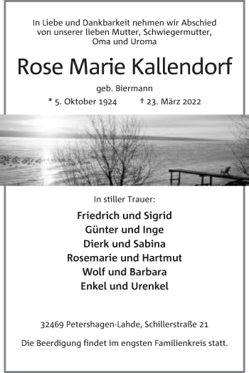 Anzeige von Rose Marie Kallendorf von Mindener Tageblatt