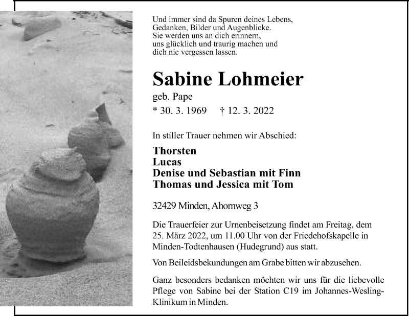  Traueranzeige für Sabine Lohmeier vom 19.03.2022 aus Mindener Tageblatt