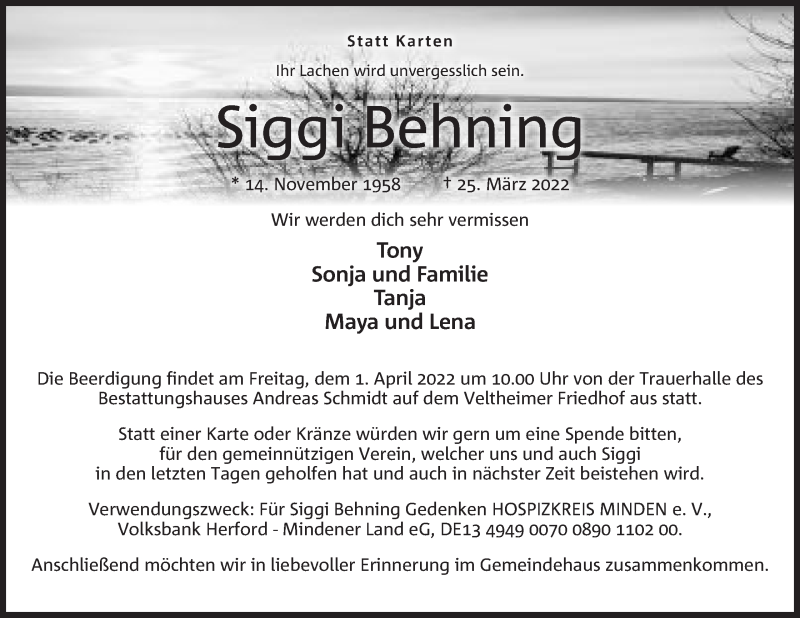  Traueranzeige für Siggi Behning vom 30.03.2022 aus Mindener Tageblatt