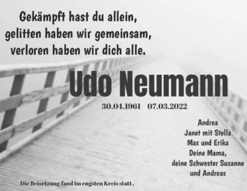  Traueranzeige für Udo Neumann vom 19.03.2022 aus Mindener Tageblatt