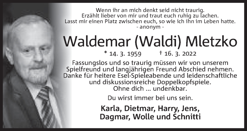  Traueranzeige für Waldemar Mletzko vom 23.03.2022 aus Mindener Tageblatt