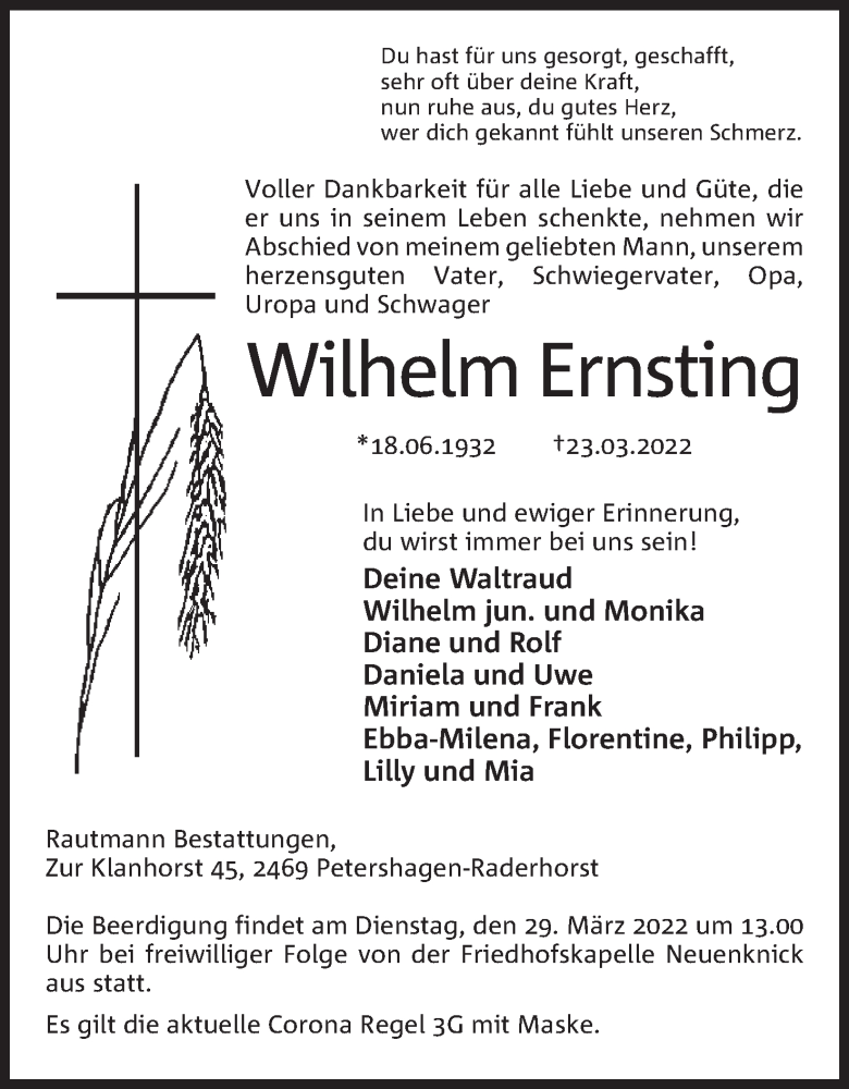 Traueranzeige für Wilhelm Ernsting vom 26.03.2022 aus Mindener Tageblatt