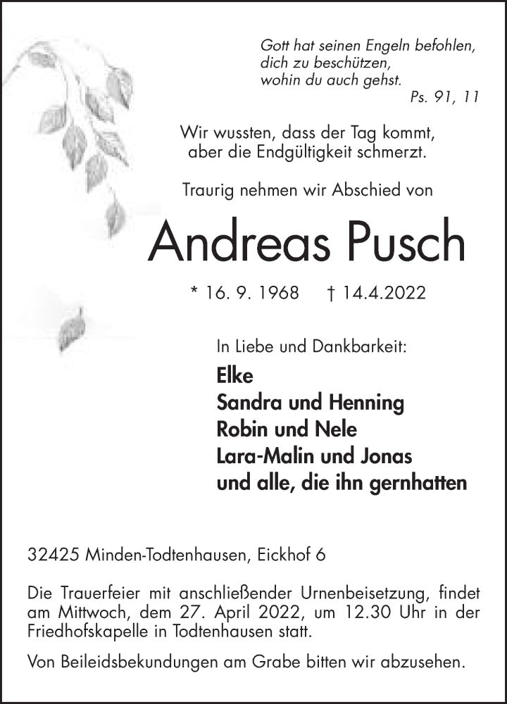  Traueranzeige für Andreas Pusch vom 23.04.2022 aus Mindener Tageblatt