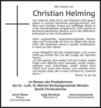 Anzeige von Christian Helming von Mindener Tageblatt