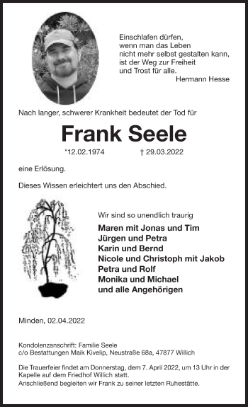 Anzeige von Frank Seele von Mindener Tageblatt