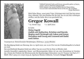 Anzeige von Gregor Kowall von Mindener Tageblatt
