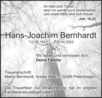Anzeige von Hans-Joachim Bernhardt von Mindener Tageblatt