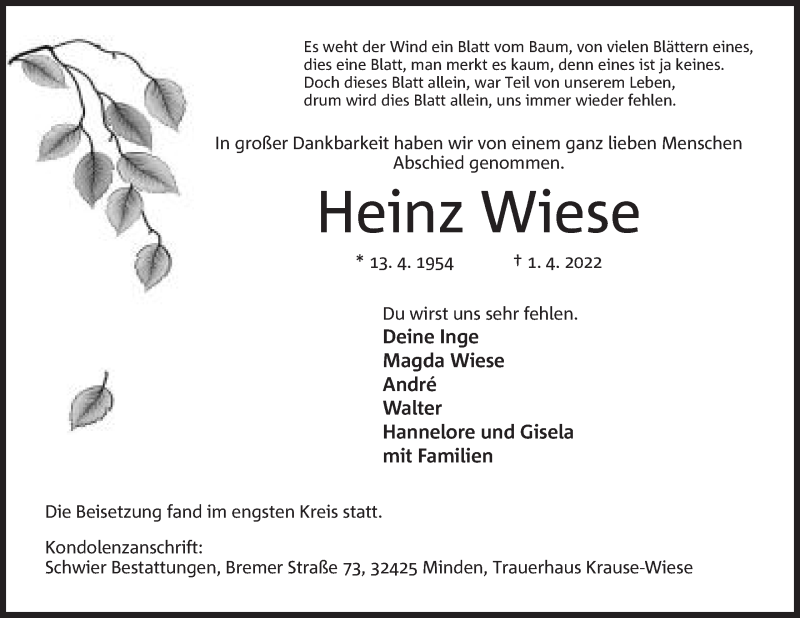  Traueranzeige für Heinz Wiese vom 15.04.2022 aus Mindener Tageblatt