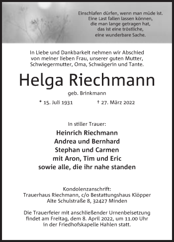 Anzeige von Helga Riechmann von Mindener Tageblatt