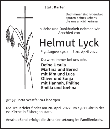 Anzeige von Helmut Lyck von Mindener Tageblatt