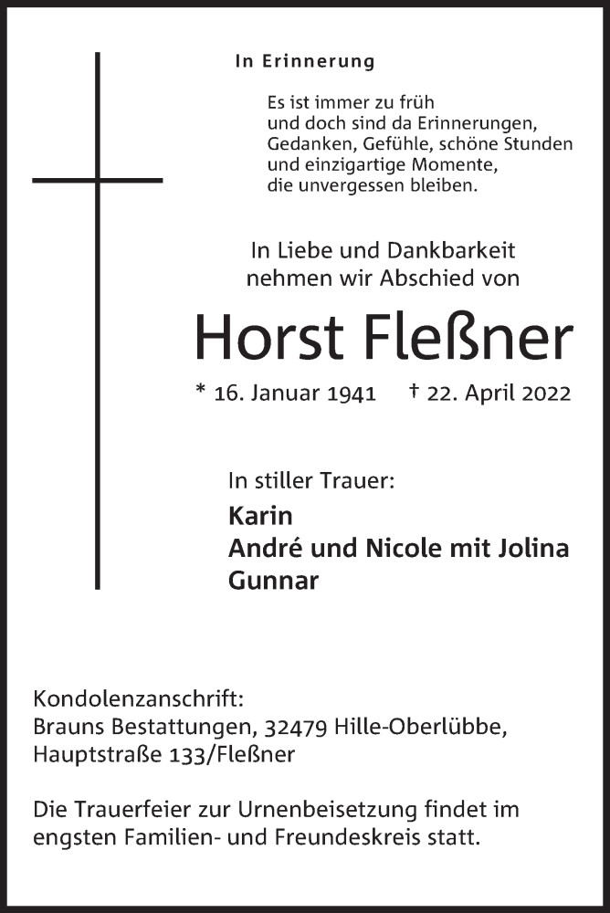  Traueranzeige für Horst Fleßner vom 30.04.2022 aus Mindener Tageblatt