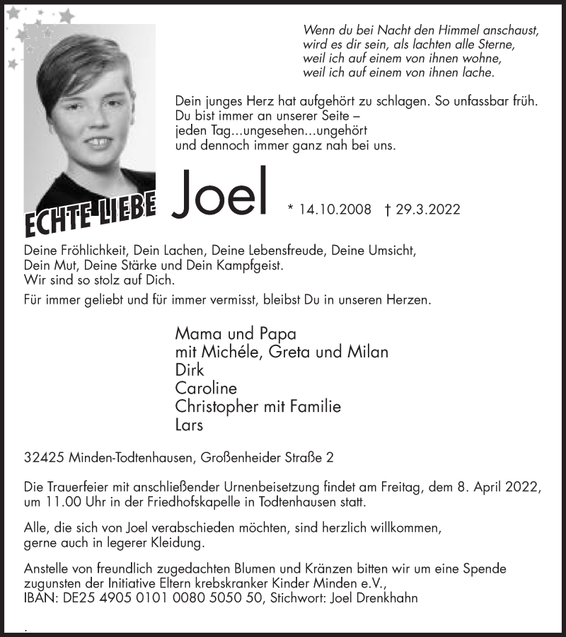  Traueranzeige für Joel  vom 02.04.2022 aus Mindener Tageblatt