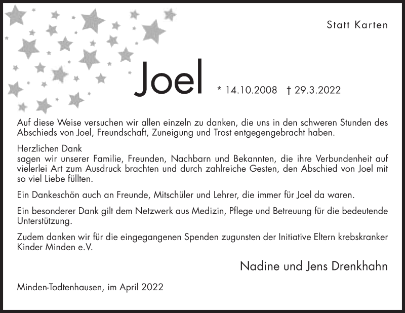  Traueranzeige für Joel  vom 30.04.2022 aus Mindener Tageblatt