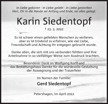 Anzeige von Karin Siedentopf von Mindener Tageblatt