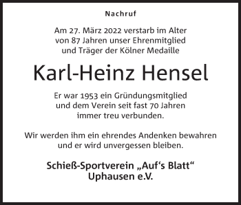 Anzeige von Karl-Heinz Hensel von Mindener Tageblatt