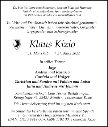 Anzeige von Klaus Kizio von Mindener Tageblatt