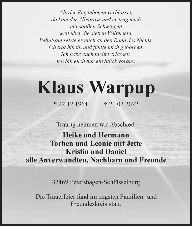  Traueranzeige für Klaus Warpup vom 09.04.2022 aus Mindener Tageblatt