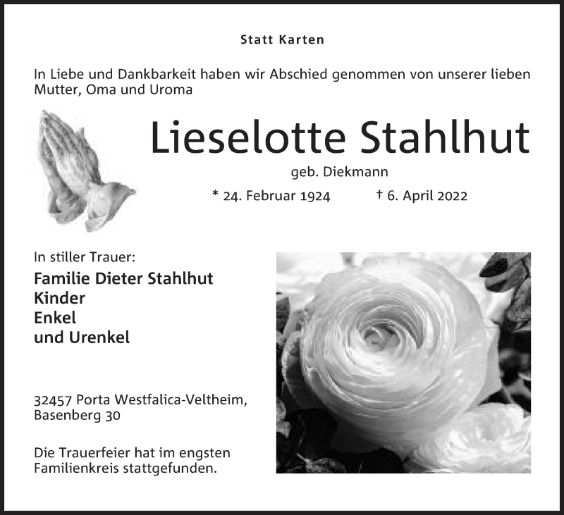  Traueranzeige für Lieselotte Stahlhut vom 15.04.2022 aus Mindener Tageblatt