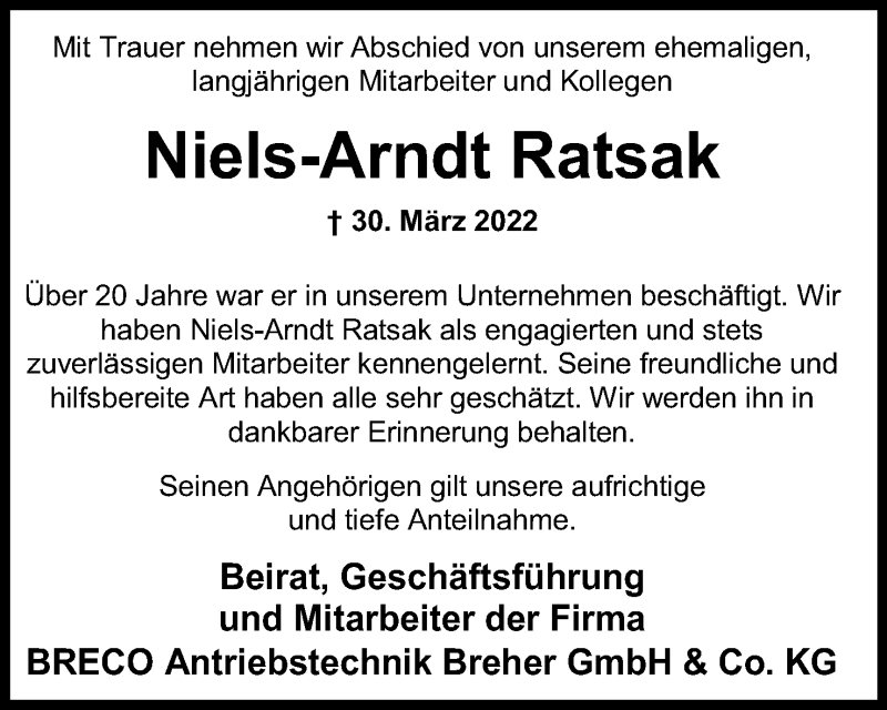  Traueranzeige für Niels-Arndt Ratsak vom 15.04.2022 aus Mindener Tageblatt