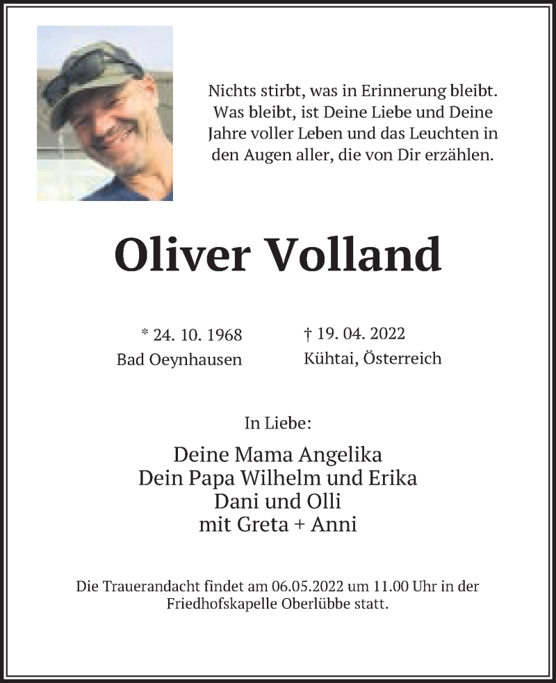  Traueranzeige für Oliver Volland vom 30.04.2022 aus Mindener Tageblatt