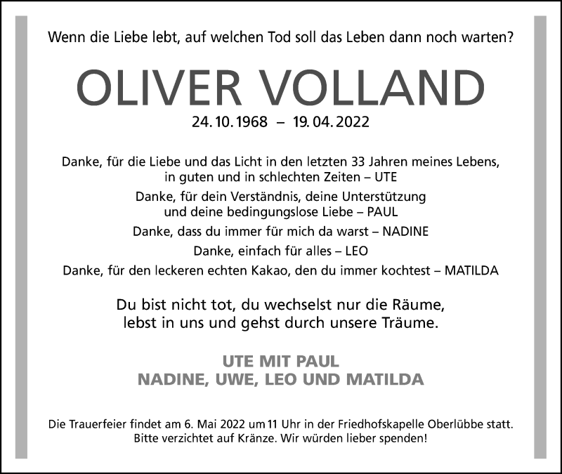  Traueranzeige für Oliver Volland vom 30.04.2022 aus Mindener Tageblatt