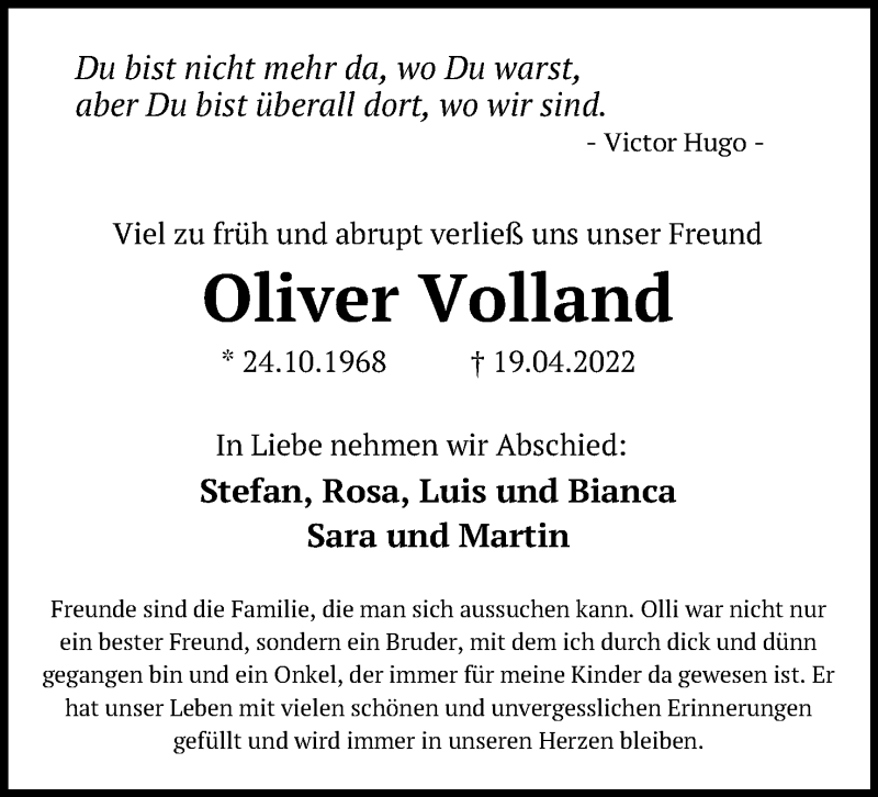  Traueranzeige für Oliver Volland vom 30.04.2022 aus Mindener Tageblatt