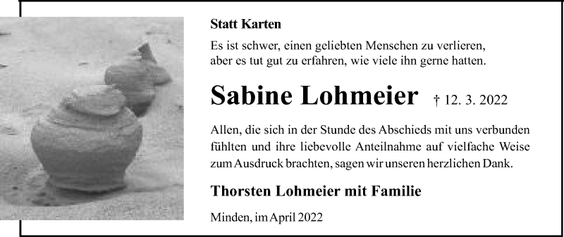  Traueranzeige für Sabine Lohmeier vom 23.04.2022 aus Mindener Tageblatt