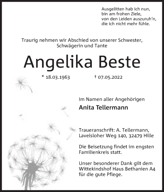 Anzeige von Angelika Beste von Mindener Tageblatt