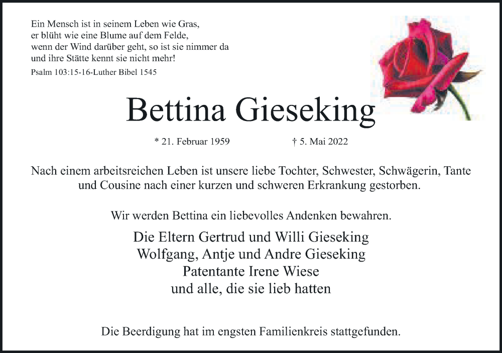  Traueranzeige für Bettina Gieseking vom 21.05.2022 aus Mindener Tageblatt