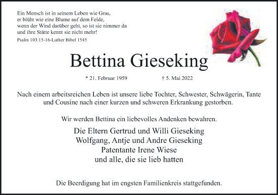 Anzeige von Bettina Gieseking von Mindener Tageblatt