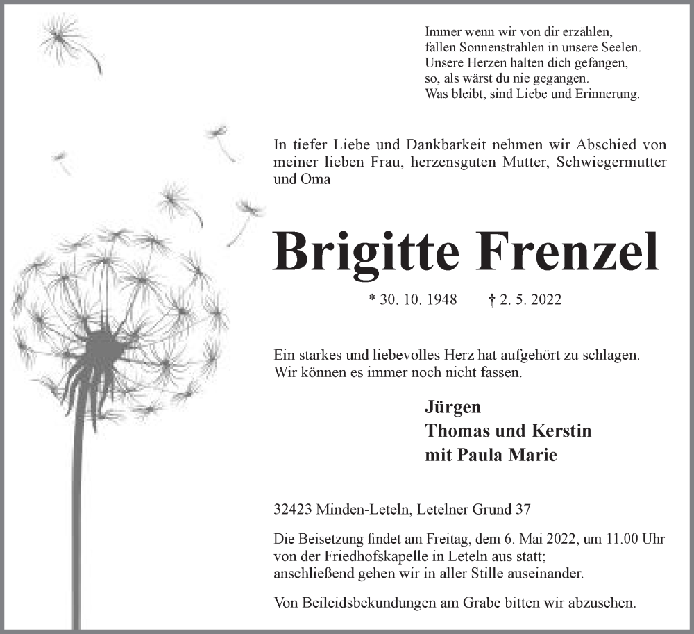  Traueranzeige für Brigitte Frenzel vom 04.05.2022 aus Mindener Tageblatt